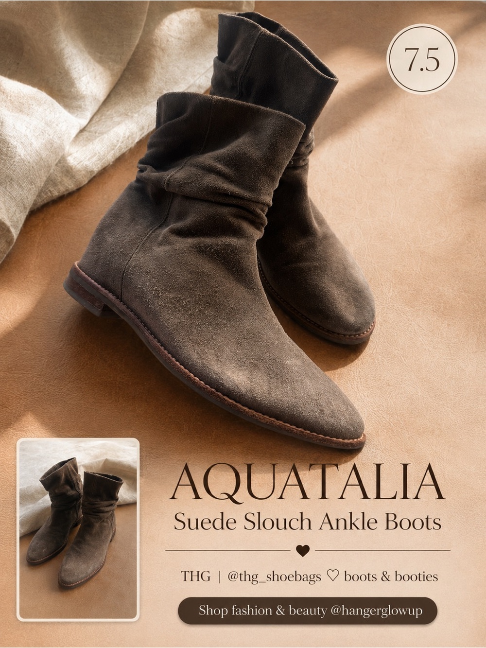 Aquatalia Taupe Suede Slouch Ankle Boots Pointed Toe Made Italy 7.5